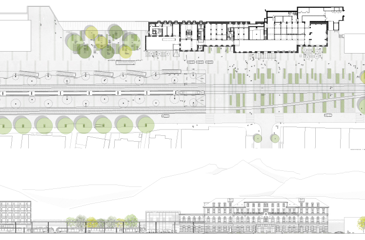 Wettbewerb Bahnhofsplatz Brig, Situationsplan und Ansicht